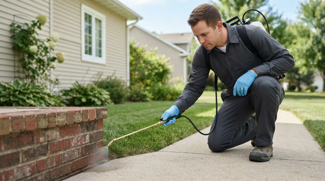 Pest control technician treating a home near Hildreth, NE