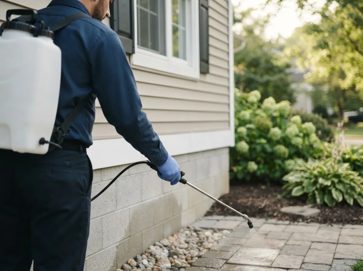 Pest control technician inspecting a home in Hildreth, NE